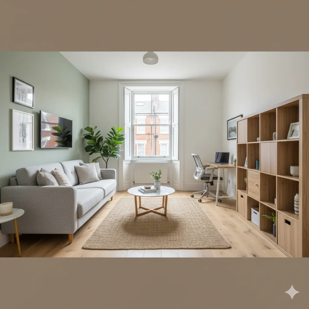 Biophilic design elements with plants in small apartment